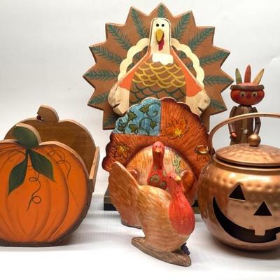 Copper Toned Metal Pumpkin Candle Lantern 
Wooden Turkey Figurine
Wooden Hand Painted Pumpkin Basket
3- Fall Themed Figurines 
Large...