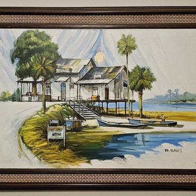 Signed Oil Painting, Fishing Cabin