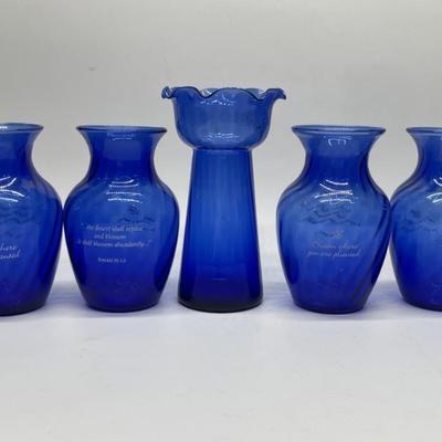 (5) Cobalt Blue Glass Vases, 4 have Religious Text