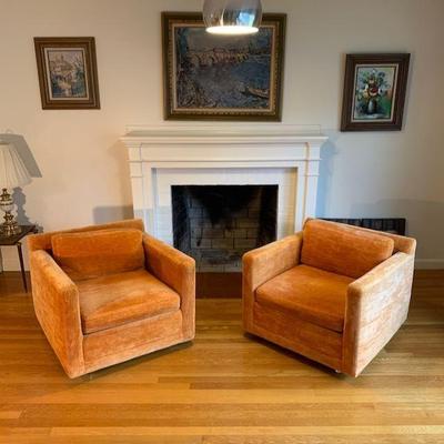 Selig Monroe cube chairs in orange crush velvet (pair) w/extra fabric