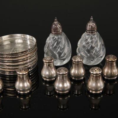 Sterling silver salt. peppers & coasters group