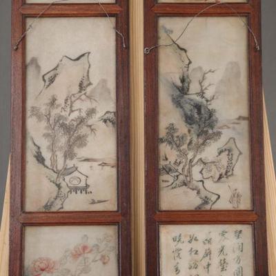 Verso: 18th c Japanese paintings on white jade- wood framed