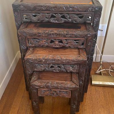 Carved nesting tables. 