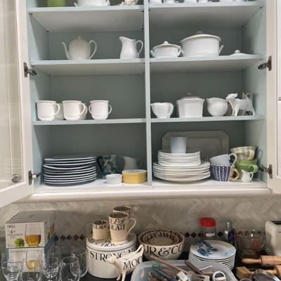 Large assortment of white dishes. Serving platters, assorted canisters, trays and bowls. 