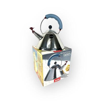 #62 â€¢ Alessi Michael Graves 9093 Blue Handle/Red Bird Whistle Stainless Tea Kettle - Original Box
