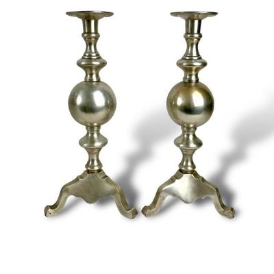 #83 â€¢ Pair of Maitland Smith Tall Brass Candle Holders with Silver Finish

