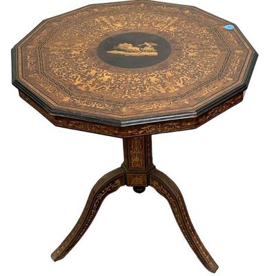 ANTIQUE MARQUETRY TILT TOP TABLE