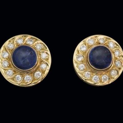 18k SAPPHIRE CABOCHON AND DIAMOND EARRINGS