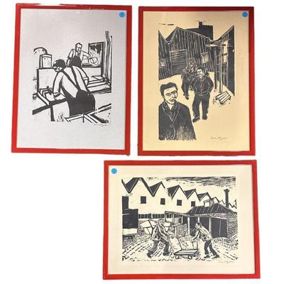 3 VINTAGE GERMAN INDUSTRIAL WOODBLOCKS BRIAN FITZGIBBON PROFESSIONALLY FRAMED
