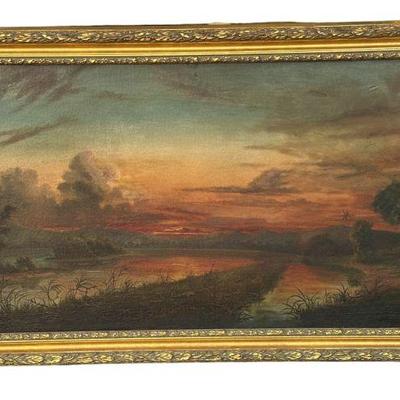 ANTIQUE AMERICAN OIL RIVER LANDSCAPE SUNRISE