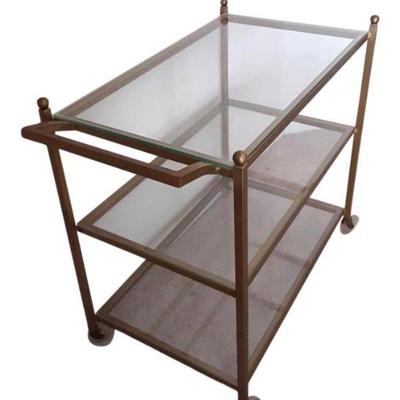 HOLLYWOOD REGENCY STYLE GLASS & GOLD TONE BAR CART / SERVER