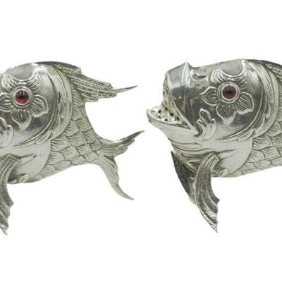 PAIR MCM FISH SALT & PEPPER SHAKERS GLASS EYES