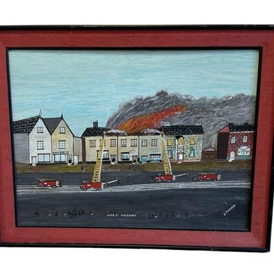 ERNIE TURNER NAIVE FOLK ART PAINTING FIRE IN WIVENHOE