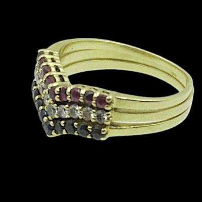 18k TRIO STACK RING SAPPHIRES RUBIES DIAMONDS