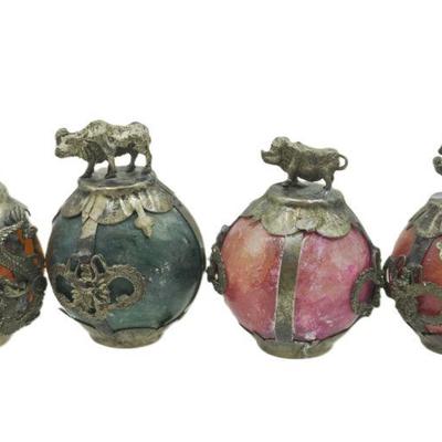 4 ANTIQUE CHINESE ZODIAC CARVED POLISHED ORBS