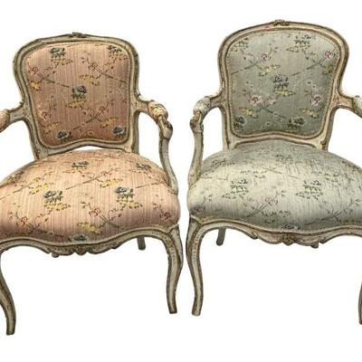 PAIR OF LOUIS XV CABRIOLET CHAIRS SILK UPHOLSTERY