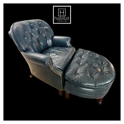 Hancock & Moore Navy Blue Chesterfield tufted chair and ottoman
