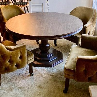 Poker/Bridge night! Vintage game table and 4 Comfy Lux Velvet Club Chairs
