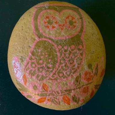 Hand painted owl on a rock
