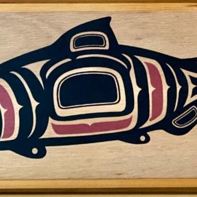 Vintage Northwest Coast Native American Indigenous Representation of a Salmon Fish Painted Wood Box
