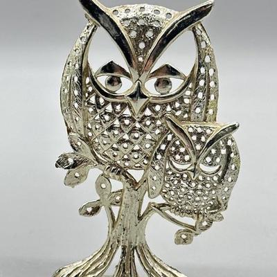 Silvertone Owl w/ Baby Stand, Earring Holder