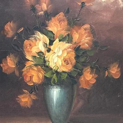 Framed Oil Painting of Yellow Roses on Canvas