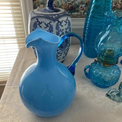 Hand blown blue glass pitcher