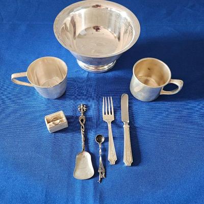 Assorted Sterling Pieces - Revere Bowl, Two Baby Cups, Knife & Fork, Baby Ring, Salt Spoon & More