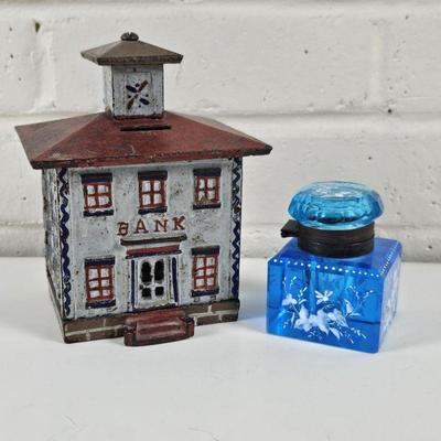 Antique Cast Iron Bank plus Antique Blue Hand Painted Glass Ink Well w/ Hinged Lid