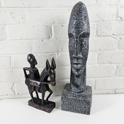 Set of Two Global Statue Figurines - Carved Wood African Woman on Mule & Pacific Island Head Statue