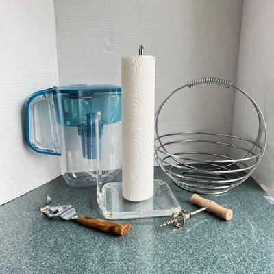 kitchen Essentials- Lucite Paper Towels Dispenser- Wire Fruit Basket- Brita Water Filter- Vtg. Utensils