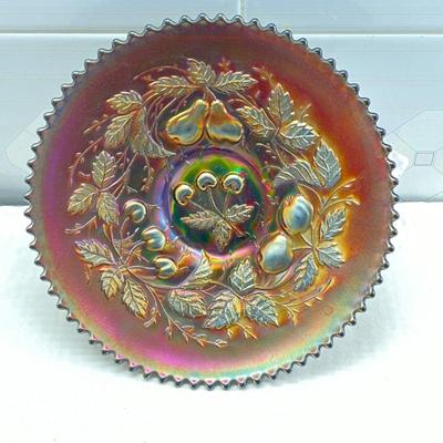 Antique Northwood Carnival Glass Footed Plate in Iridescent Black Amethyst w/ Fruits