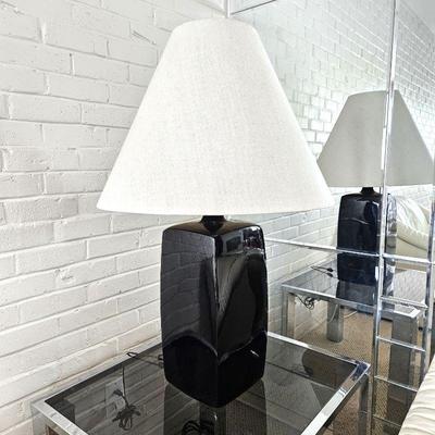 Vintage Oversized Black Ceramic Table Lamp w/ Large Shade - 35" Tall Base is 9" Square