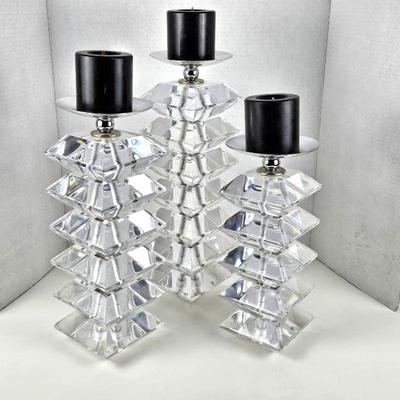 Set of Three Shlomi Haziza Solid Acrylic Stacked Candle Sticks w/ Chrome Accents & Black Candles 12