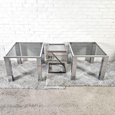 Set of Three Vintage 1980s Chrome and Glass End Tables w/ Smoke Tinted Removable Glass Tops
