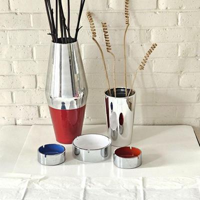 Set of Five Pieces of Retro Style Chrome Decor - Three Ashtrays and Two Vases (taller vase is cast aluminum)