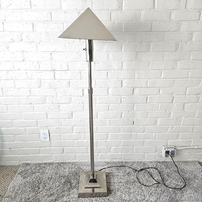 Vintage 80s Heavy Weight Silver Chrome Floor Reading Lamp with Chrome Pyramid Shade - Adjustable Height