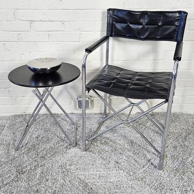  Set of Folding Black Director's Chair and Round Black Metal-Top Table