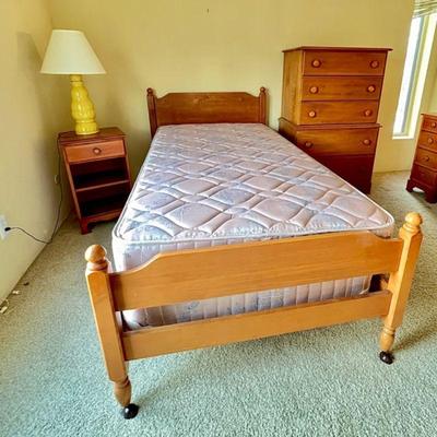 Antique Maple Childs bedroom Set- 5pc Highboy, Bed w/ Mattress, Nightstand & Lamp