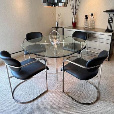 Set of 4 Designer Rick Chang Lee Retro Chrome Armchairs with Charcoal Leather Upholstery