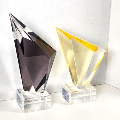 Set of Two Shloma Haziza Acrylic Art Sculptures Contemporary Faceted Shapes in Yellow and Eggplant 11