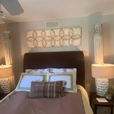 Queen size mattress, box spring and brown padded headboard, footboard and frame (headboard 63" tall) side tables-22" x 21"...