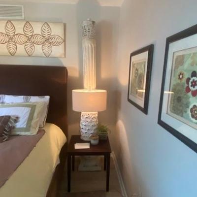 Queen size mattress, box spring and brown padded headboard, footboard and frame (headboard 63" tall) side tables-22" x 21"...
