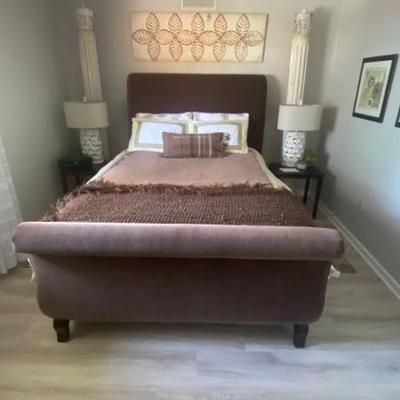 Queen size mattress, box spring and brown padded headboard, footboard and frame (headboard 63" tall) side tables-22" x 21"...