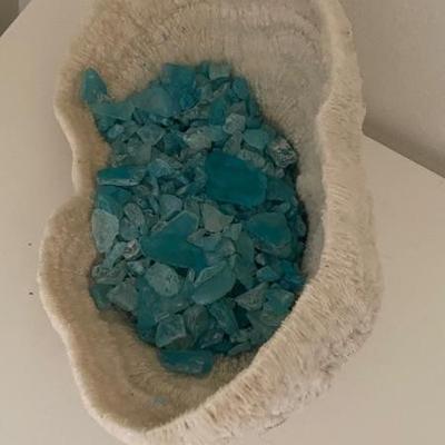 coral bowl with sea glass
