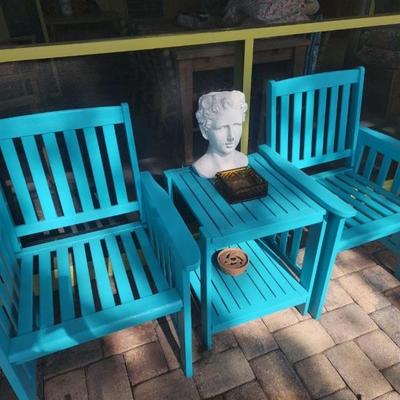 Painted wood chairs and table and bust