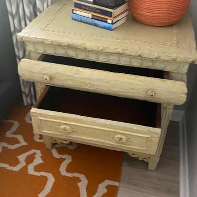 Distressed Ralph Lauren side table with two drawers and a pullout 32" X 32" x 22 1/2" 