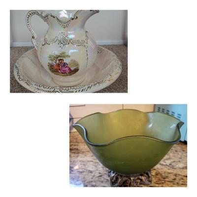 Large Ceramic Wash Basin & Green Satin Glass Ruffle Bowl