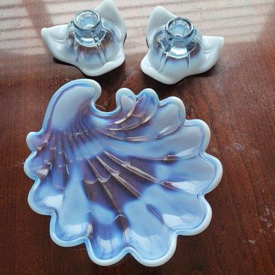 Blue & Opalescent Dish & Candleholders