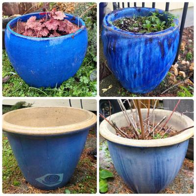 Various Blue Glazed Outdoor Pots